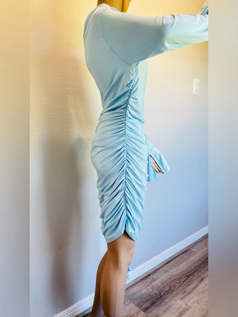 SHEIN Baby Blue One-Shoulder Ruched Mini Dress with Rosette Ruffle NWT - Picture 11 of 16